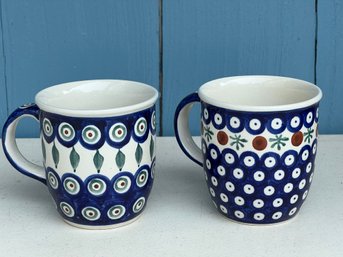 Two Non-Matching Handmade Polish Pottery Coffee Mugs