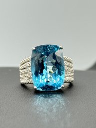 Massive Cocktail Ring W/ Large Blue Topaz Center Stone In Sterling Silver