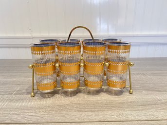 Set Of 8 Mid Century Culver Glasses With Metal Carrier