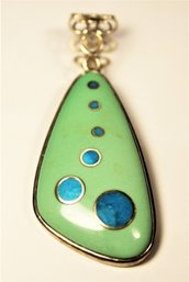 Sterling Silver Modernist Green Porcelain Hand Painted Pendant