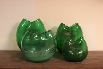 Four Vintage Green Blown 'pinched' Art Glass