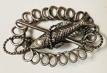 VINTAGE FISH AND HOOK STERLING SILVER BROOCH