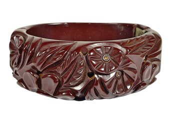 Heavily Carved Bakelite Vintage Clamper Hinged Cuff Bracelet Burgundy