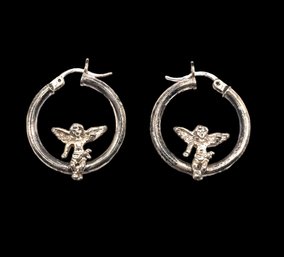 Vintage Sterling Silver Angel Hoop Earrings