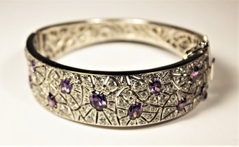 Amazing Sterling Silver Hinged Cuff Bracelet Amethysts And White Stones