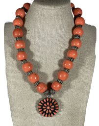 Fine Sterling Silver Coral Necklace W Native American Indian Clasp