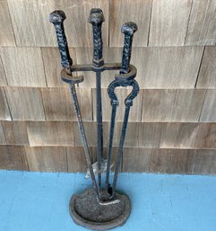Antique Cast Iron Hand Hammered Fireplace Tools
