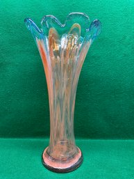 Huge And Exquisite Aqua And Orange Swung Glass Vase. 17' Tall.