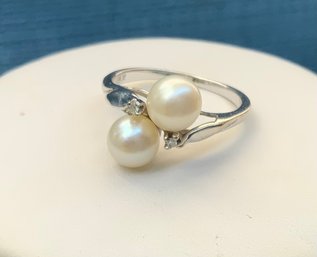 14k White Gold Pearl & Diamond Ring ~ Size 6 1/4 ~