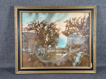 A Very Unusual Antique Art Piece: Landscape With Real Leaves, Rope & Paper Figures