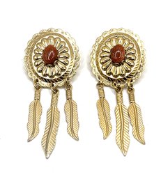 Lovely Southwestern Style Sparkly Coral Color Beaded Ornate Feather Earrings
