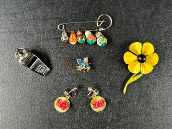 A Selection Of  Whimsical Of Costume Jewelry: Rolling Dice Earrings, Fly Pin & More