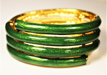 Metropolitan Museum Of Art Signed CINER Green Enamel And Gold Tone Coiled Hinged Cuff Bracelet