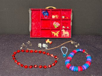 Costume Jewelry-filled Divided Jewelry Box With Necklaces, Clip-on Earrings And More
