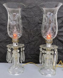 Pair Of Finely Etched Glass Shade Electrified Dangling Pendant Boudoir Table Lamps