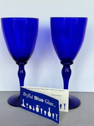Vintage Pair Of Bristol Blue Glass UK Stemmed Wine Glasses 8' Height -Card Included