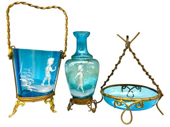 Trio Mary Gregory Metal And Turquoise Decorated Glass  Vanity Top Items.