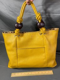 Plinio Visona Yellow Leather Shoulder Bag Purse Decorative Bead Handles Magnetic Closure