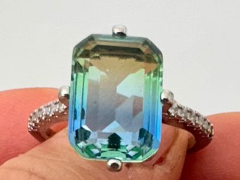 STERLING SILVER BLUE/GREEN GEMSTONE AND WHITE STONE RING