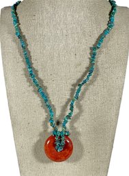 Turquoise Beaded Necklace Having Circular Disc Formed Pendant