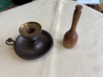 Solid Brass Candlestick & Antique Wooden Sock Darning Egg