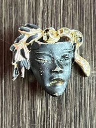 Vintage Masked Medusa Inspired Enamel Brooch With Crystal Accents