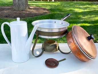 A Mid Century Coffee Pot And Tinned Copper Chafing Dish