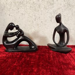 2 Female Statues Mother With Child Black From Thailand Brown Yoga Woman Unmarked