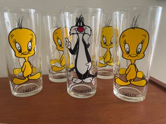 (SET OF 5) VINTAGE 1973 PEPSI COLLECTOR SERIES TWEETY BIRD & SYLVESTER TALL GLASSES WARNER BROTHERS