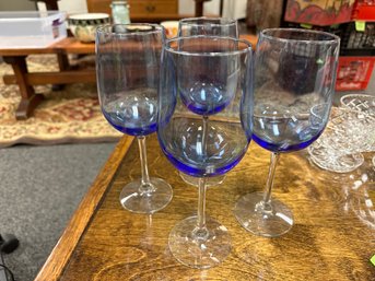 Set Of 4 Blue Stemmed Wine Glasses