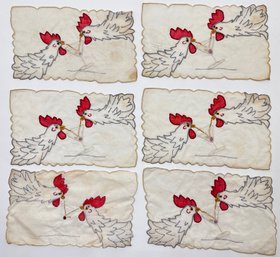 Set 6 1950s Hand Embroidered Cocktail Napkins With Chickens Sharing Martini