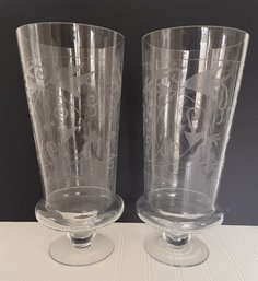 A Pair Of Vintage Etched Footed Vases