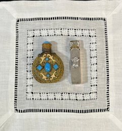 2pc Lot Vintage Perfume Holders - Sterling Silver & Czech Brass Filigree With Stones