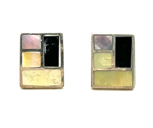 Vintage Sterling Silver Multi Color Inlay Rectangle Earrings