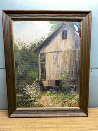 Vintage Framed Oil Painting On Board. Barn And Flowers. Signed M. Wells.
