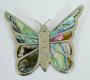 MEXICAN SILVER AND SHELL BUTTERFLY BROOCH