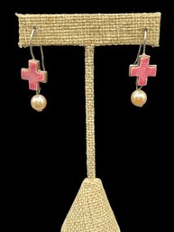 Sterling Silver HAILA Pink Stone Cross With Pearl Dangle Earrings