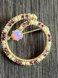 Pave Pearl And Purple Topaz Or Tourmaline Wreath Pin With A Beautiful Opal Accent In Gold Setting