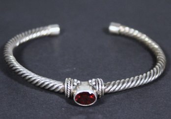 Fine Sterling Silver Cuff Bracelet Having Genuine Garnet Stone
