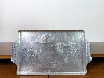 Embossed Aluminum Tray With Handles And Water Fowl Motif