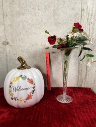 Large Ceramic Welcome Pumpkin 10x12 Cut Crystal Glass Vase 14in