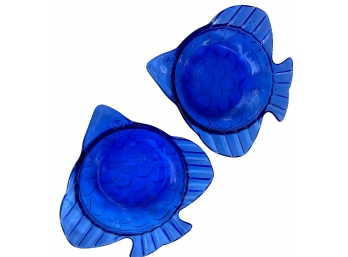 1970's Hazel Atlas Pair Of Cobalt Blue Fish Plates 6.5' X 6.25'  No Issues
