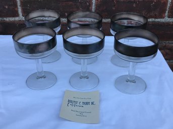 Incredible DOROTHY THORPE MCM / Midcentury Champagne / Dessert Glasses With Sterling Silver Rim - With Card