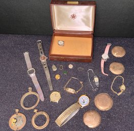 Unbranded Jewelry Box Containing Analog Watches, Pocket Watches And Various Pins - Parts & Repair