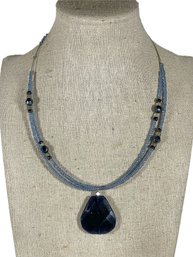 Contemporary Silver And Blue Glass Beaded And Large Blue Stone Pendant Necklace