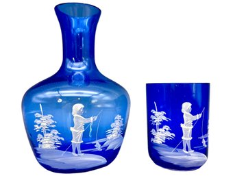 Mary Gregory , Hand Decorated Deep Blue  Carafe  And Cup With A Fishing Boy.