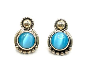 Beautiful Sterling Silver Glowing Blue Color Ornate Earrings