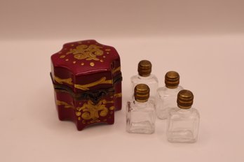 Peint Main Limoges France Porcelain Perfume Bottle Box Burgundy With Gold Paint