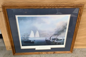 Framed Print ~ Painting Of The Americas Cup ~ Signed  By Tim Thompson ~  Columbia Defeats Shamrock