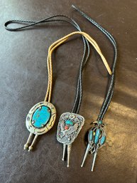 Set Of Three Bolo Necklaces Two With Braided Leather Cords